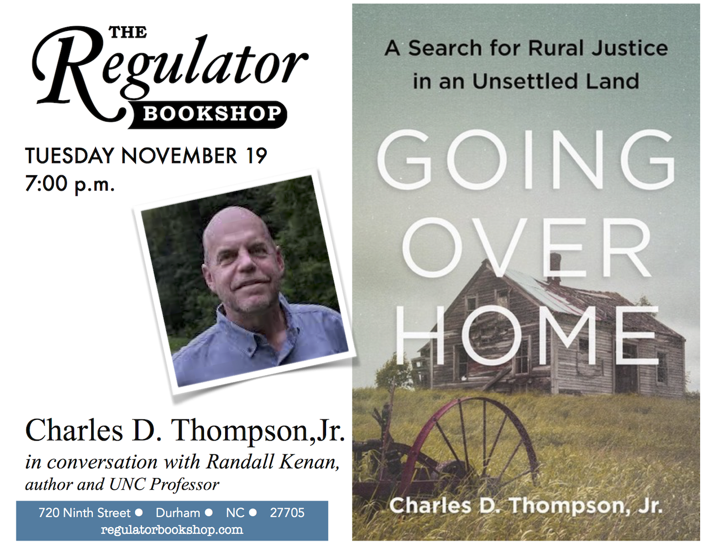 Poster for Book release of "Going Over Home" at Regulator Bookshop