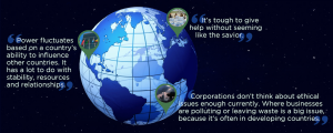 This image features a blue globe with 3 green location markers and quotes. "Power fluctuates based on a country’s ability to influence other countries. It has a lot to do with stability, resources and relationships." "It’s tough to give help without seeming like the savior." "Corporations don’t think about ethical issues enough currently. Where businesses are polluting or leaving waste is a big issue,because it’s often in developing countries."