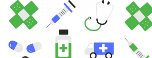 Several icons in green and blue: bandaid, pills, syringe, pill bottle, ambulance, stethoscope