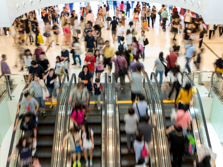 A crowded escalator