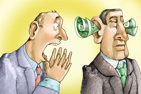Cartoon of person yelling a businessman who has money plugging their ears
