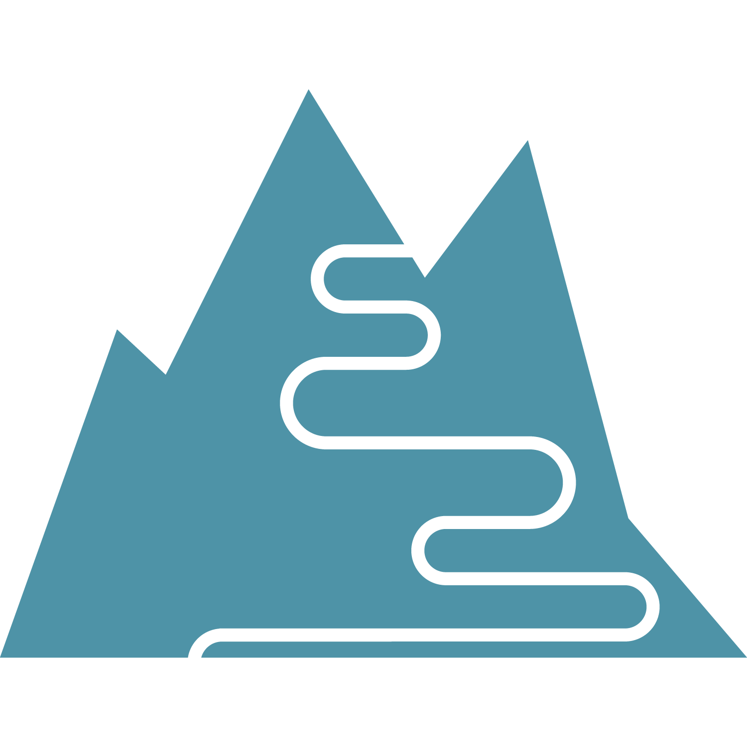 A simple mountain icon with a winding path leading to the top