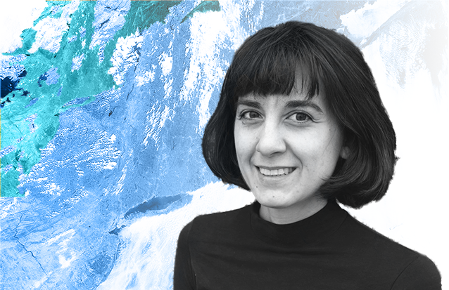 Headshot of Alyssa Battistoni against white, blue, and green background