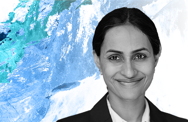 Headshot of Radhika Khosla against blue, green, and white background
