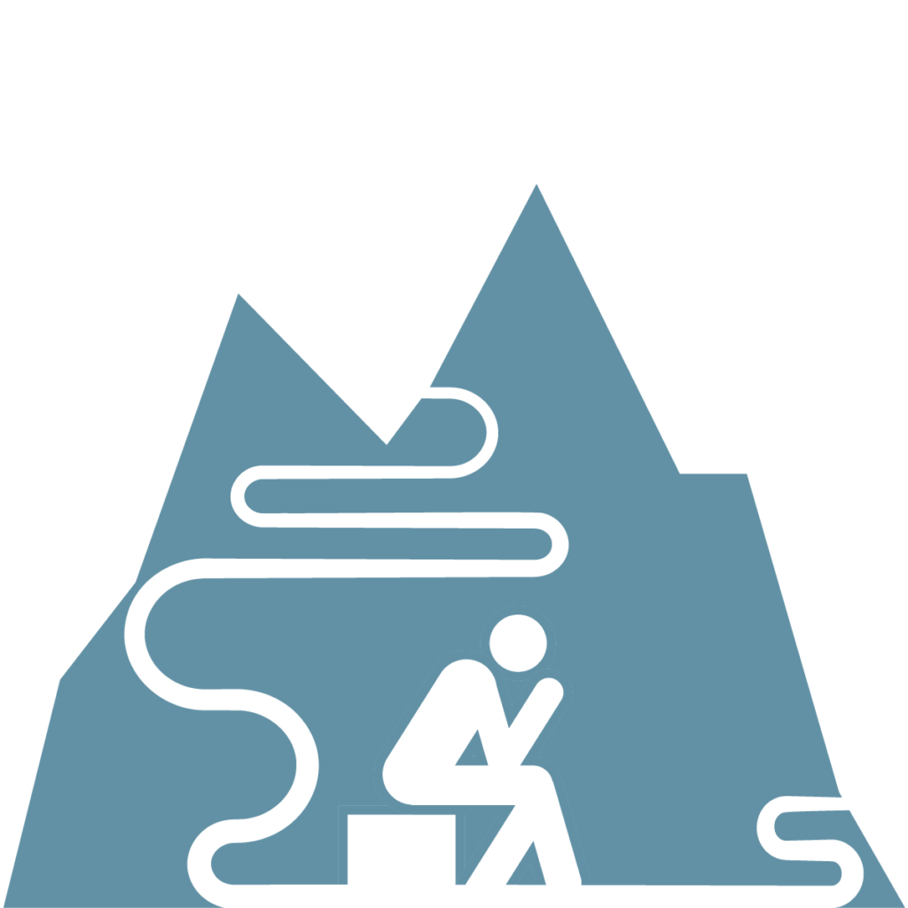 Good Life image representation: human figure thinking about two paths, one over a mountain and one around it