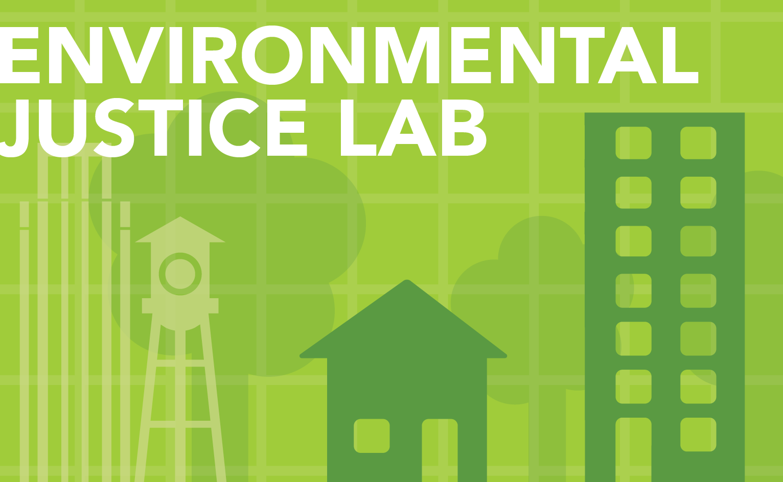 environmental justice lab graphic with stylized images of a Durham skyline with housing in the foreground and a data grid in the background