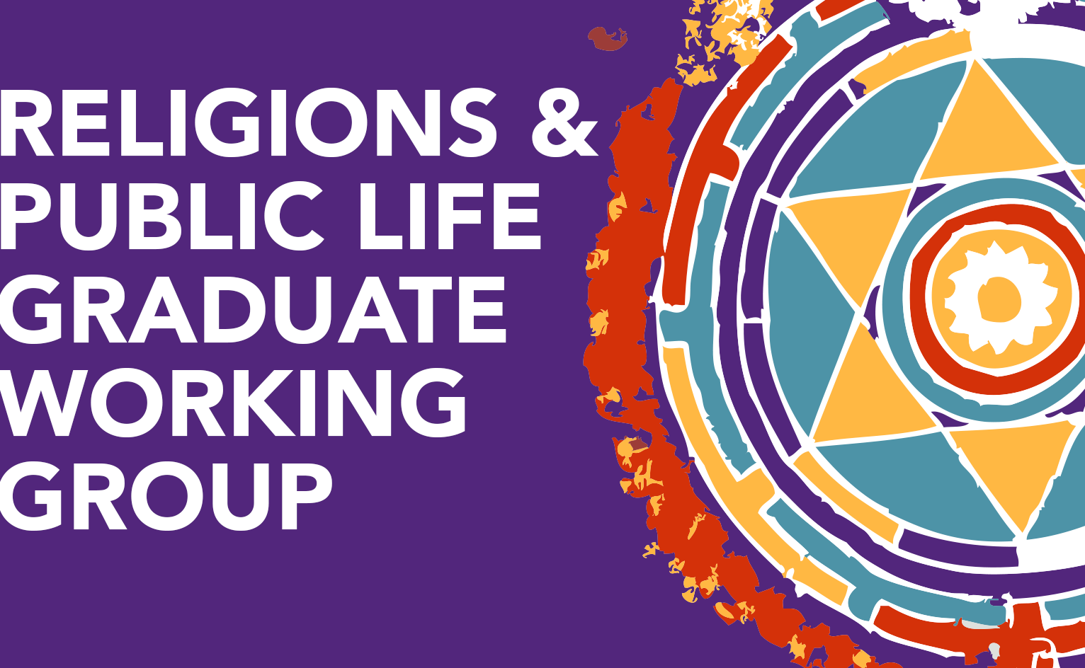 religions & public life grad working group tile. Purple background with a star-shaped mandala in background