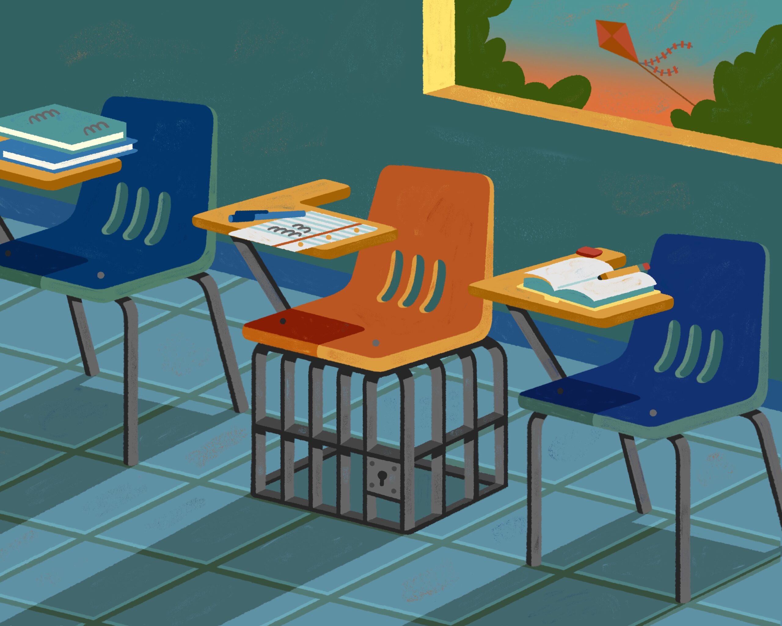 Illustration of three desks in a classroom, with an orange desk in between two blue desks. The orange desk has a prison cell built underneath it. Above the desks, a window reveals a sky outside and a kite flying in the distance.
