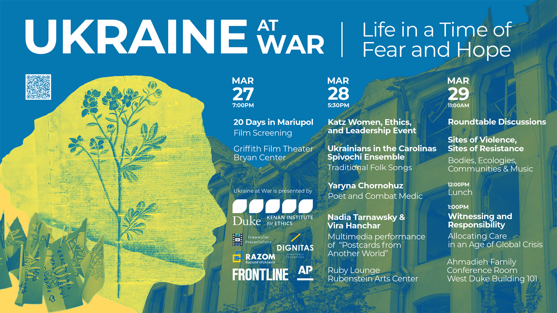Collaged images of a mural of a woman's silhouette with a flower rising through her head; a bombed building; and memorial flags; all duotoned with the yellow and blue colors of the Ukrainian flag. Event description in body