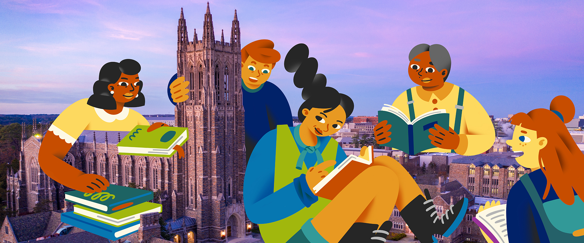 Brightly color illustration of a diverse group of people reading books together sitting on the West Campus quad. They are oversized so that the buildings on Duke's campus are the size of living room furniture around them.