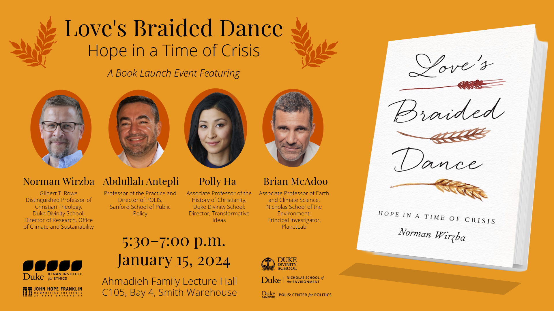 Event flyer with headshots of speakers and book cover image